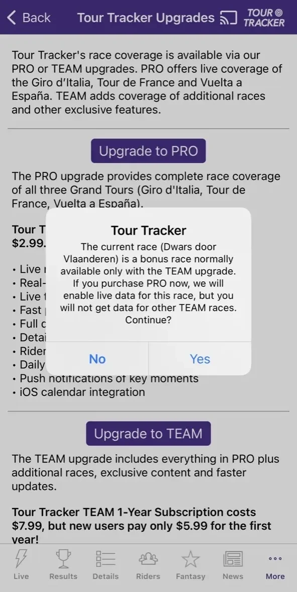 Tour Tracker Grand Tours paywall screen