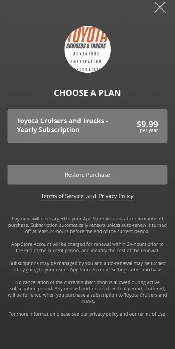 Toyota Cruisers paywall screen