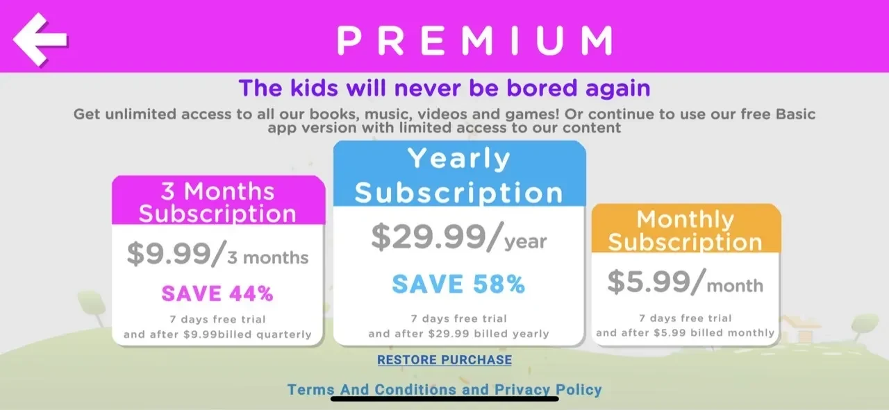 Toys And Colors paywall screen