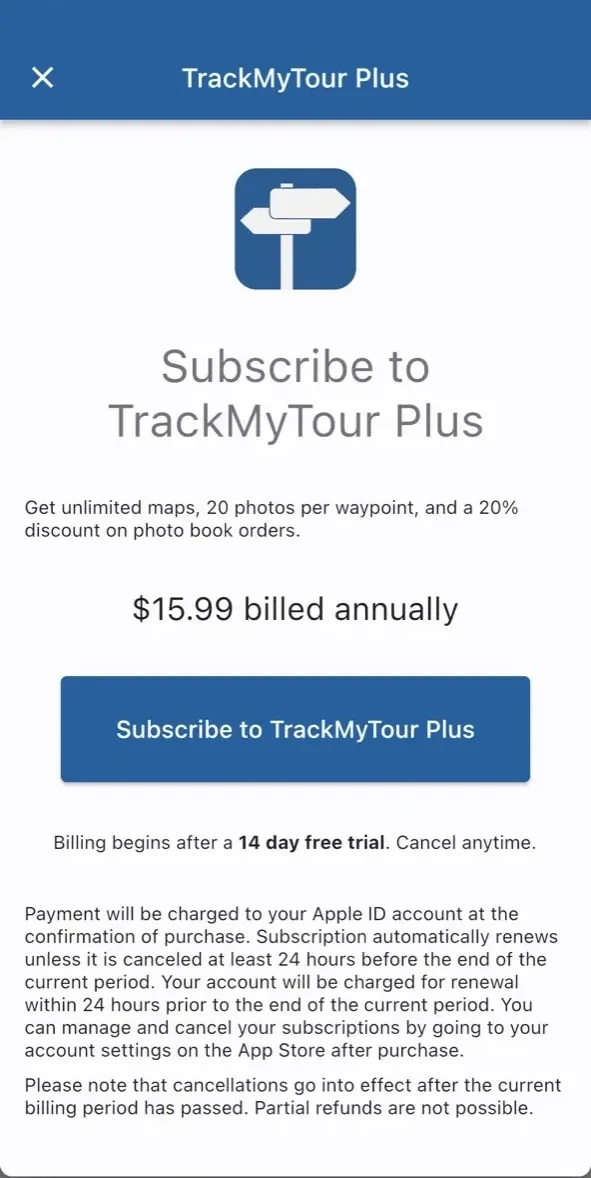 TrackMyTour paywall screen