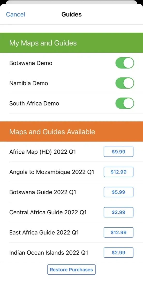 Tracks4Africa Guide paywall screen