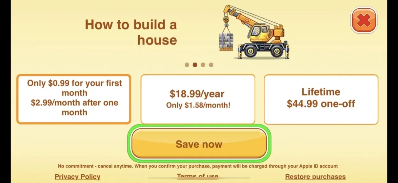 Tractor Game paywall screen