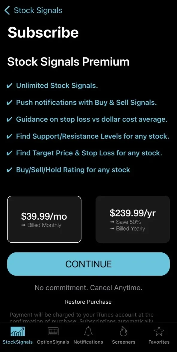 Trade Signals paywall screen