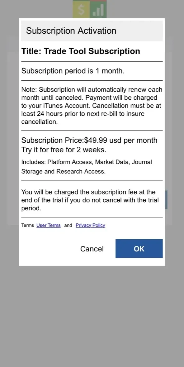 Trade Tool paywall screen