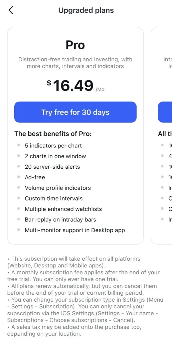 TradingView paywall screen