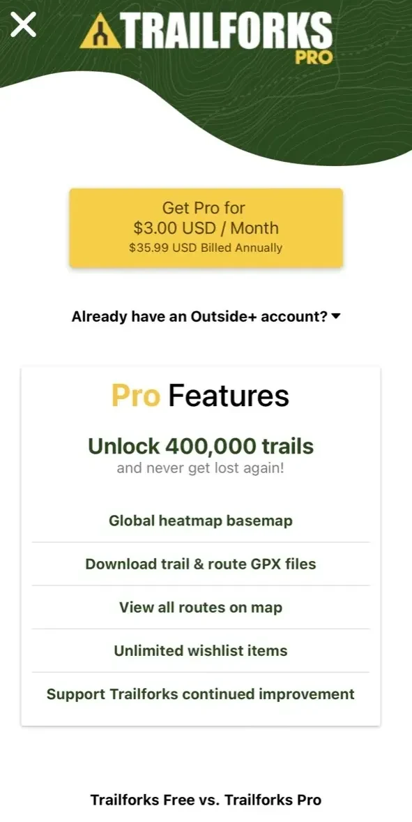 Trailforks paywall screen