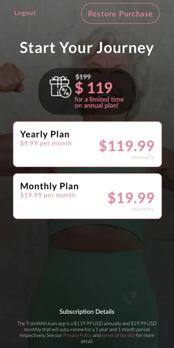 Train with Joan paywall screen