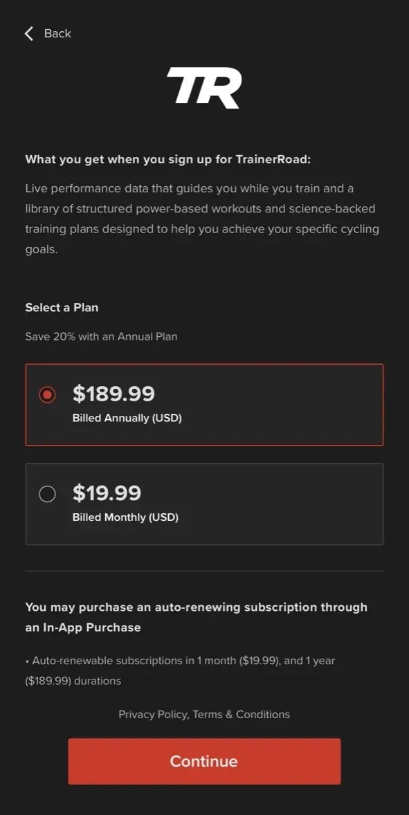 TrainerRoad paywall screen