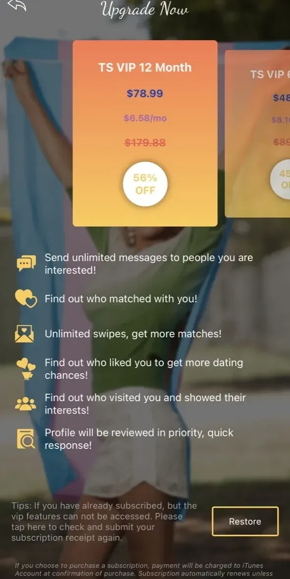Trans, Transgender Dating paywall screen