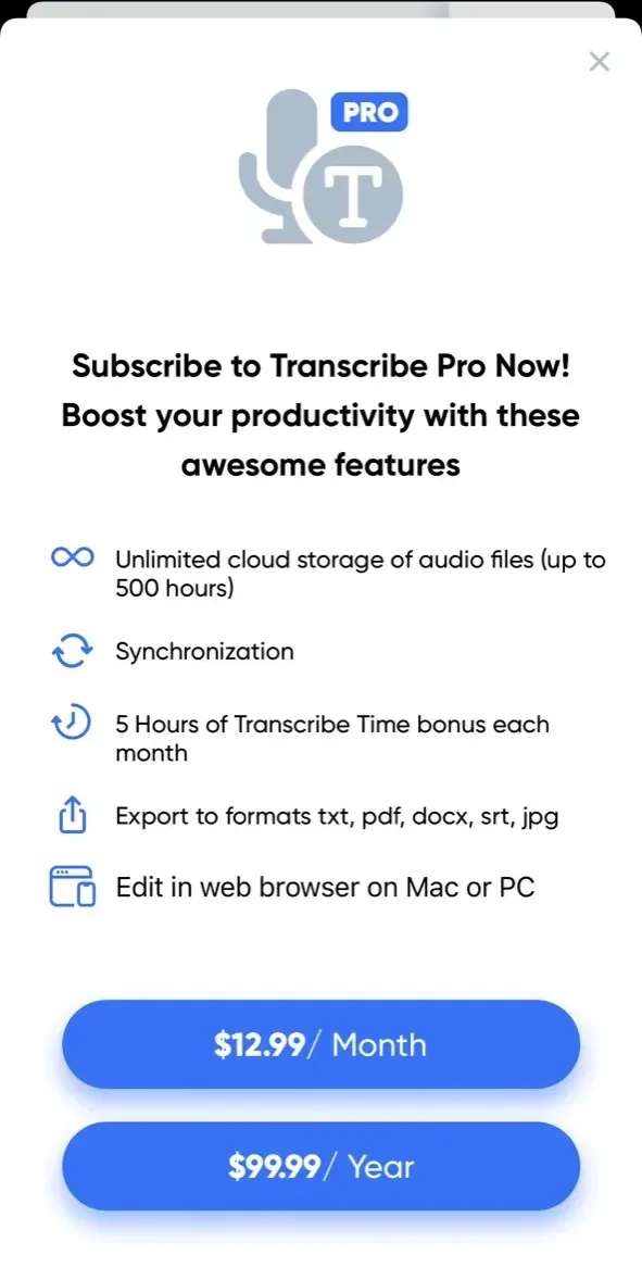 Transcribe paywall screen