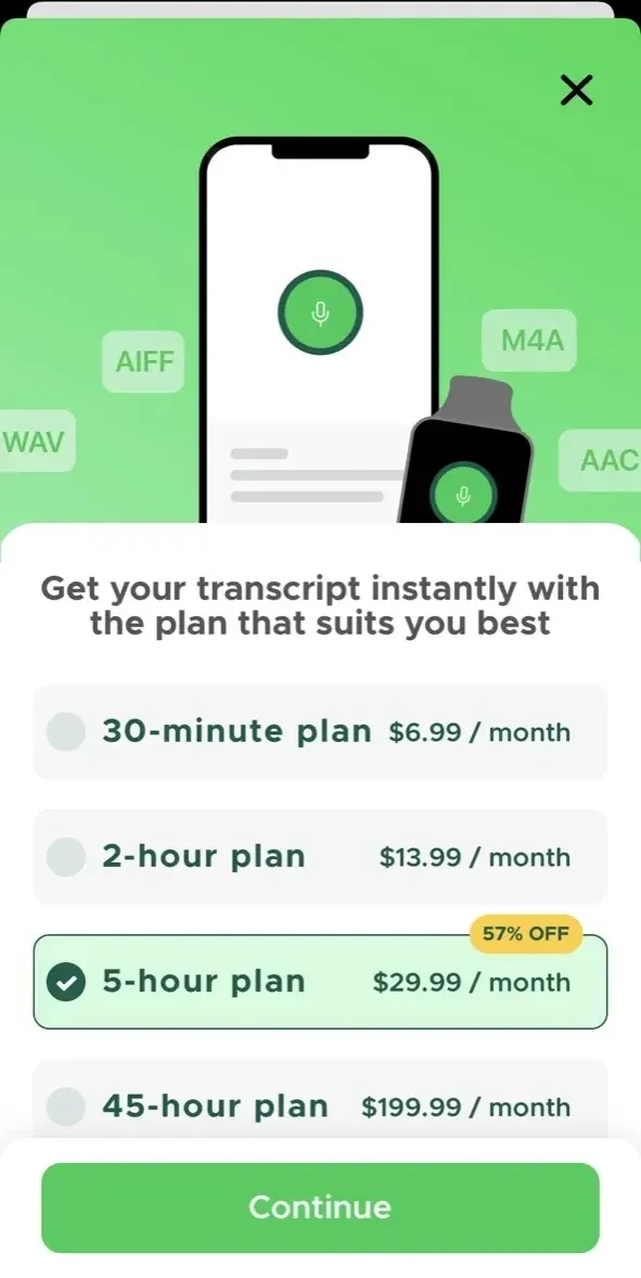 Transcribe Voice Notes to Text paywall screen