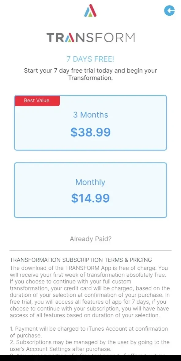 Transformation with Chris paywall screen