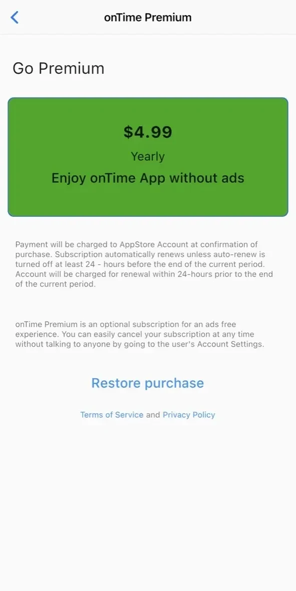 onTime paywall screen