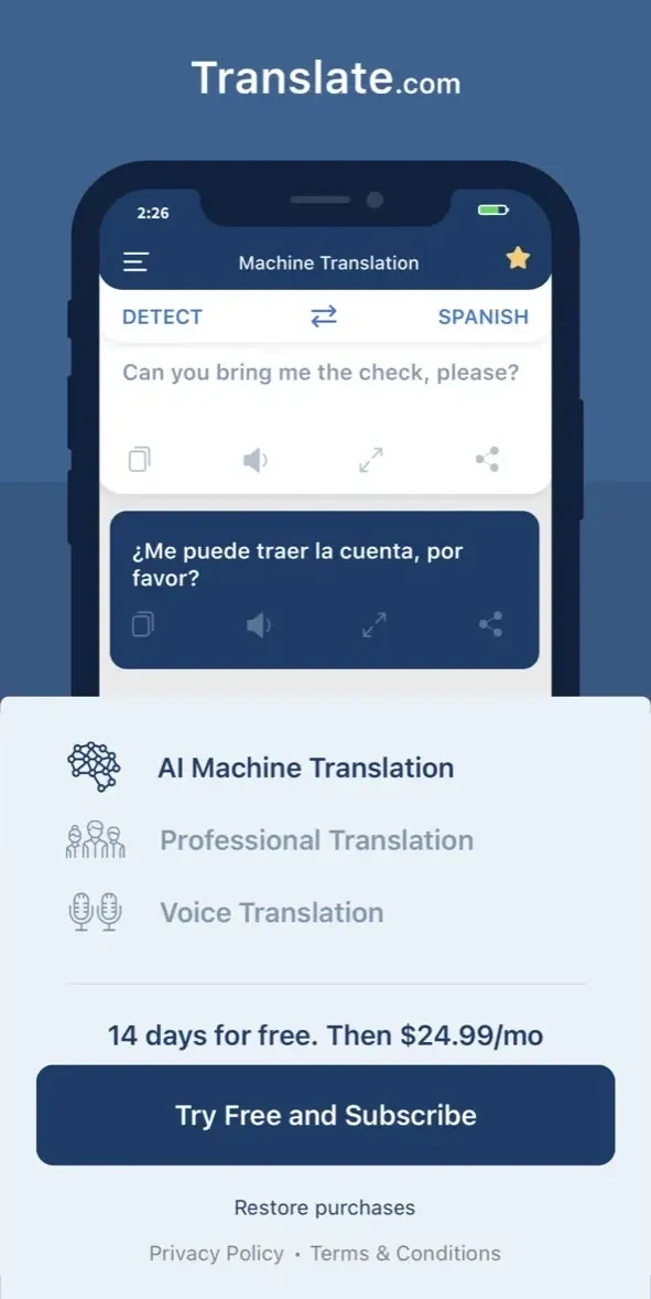 Translate Platinum paywall screen