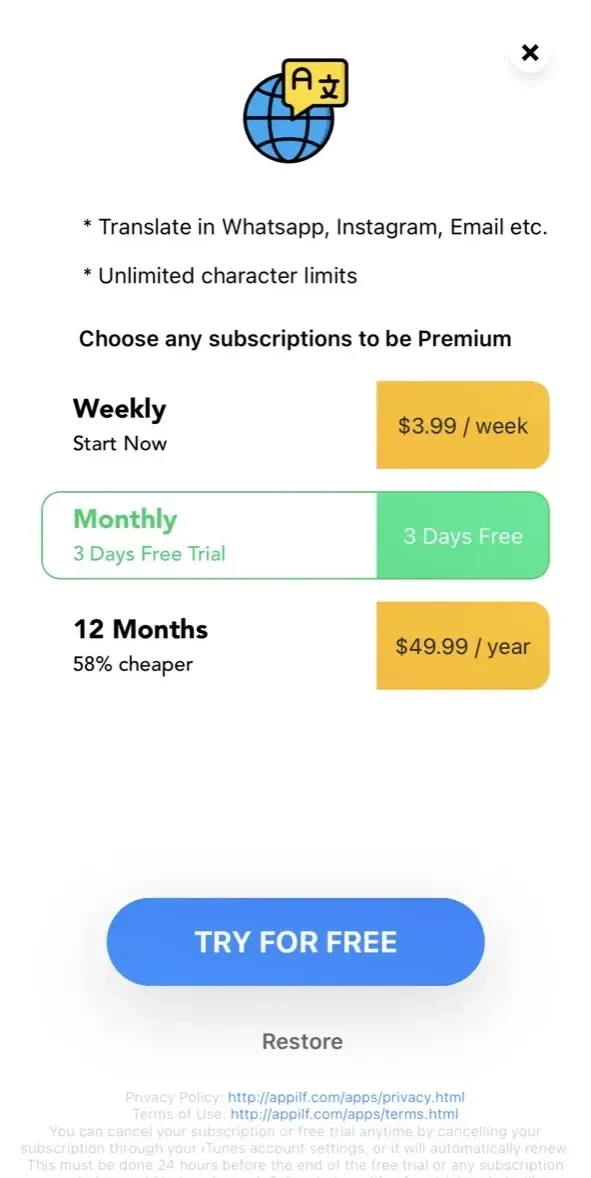 Translate Keyboard paywall screen