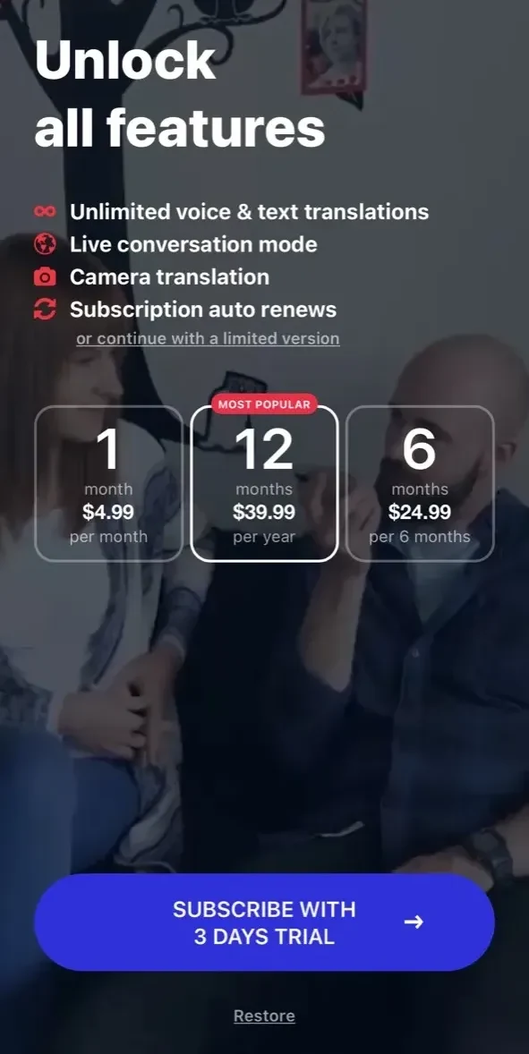 Translate Me paywall screen