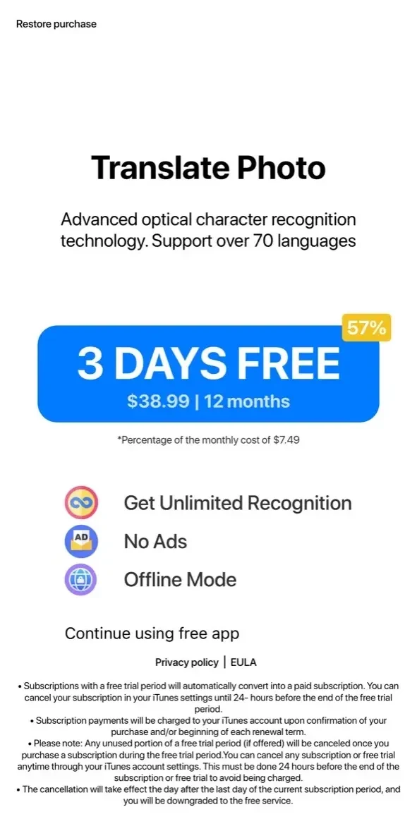 Translate Photo paywall screen
