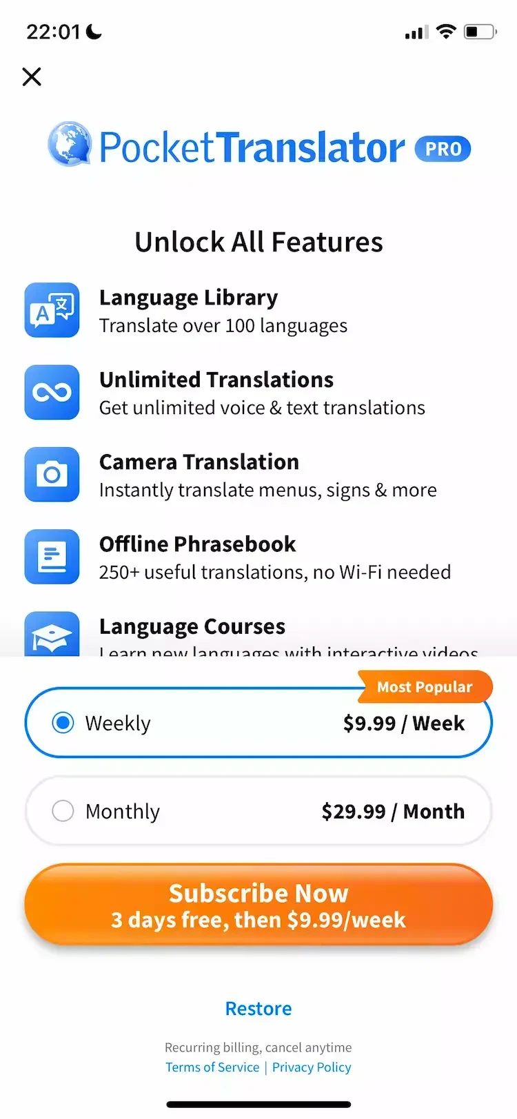 Translate paywall screen