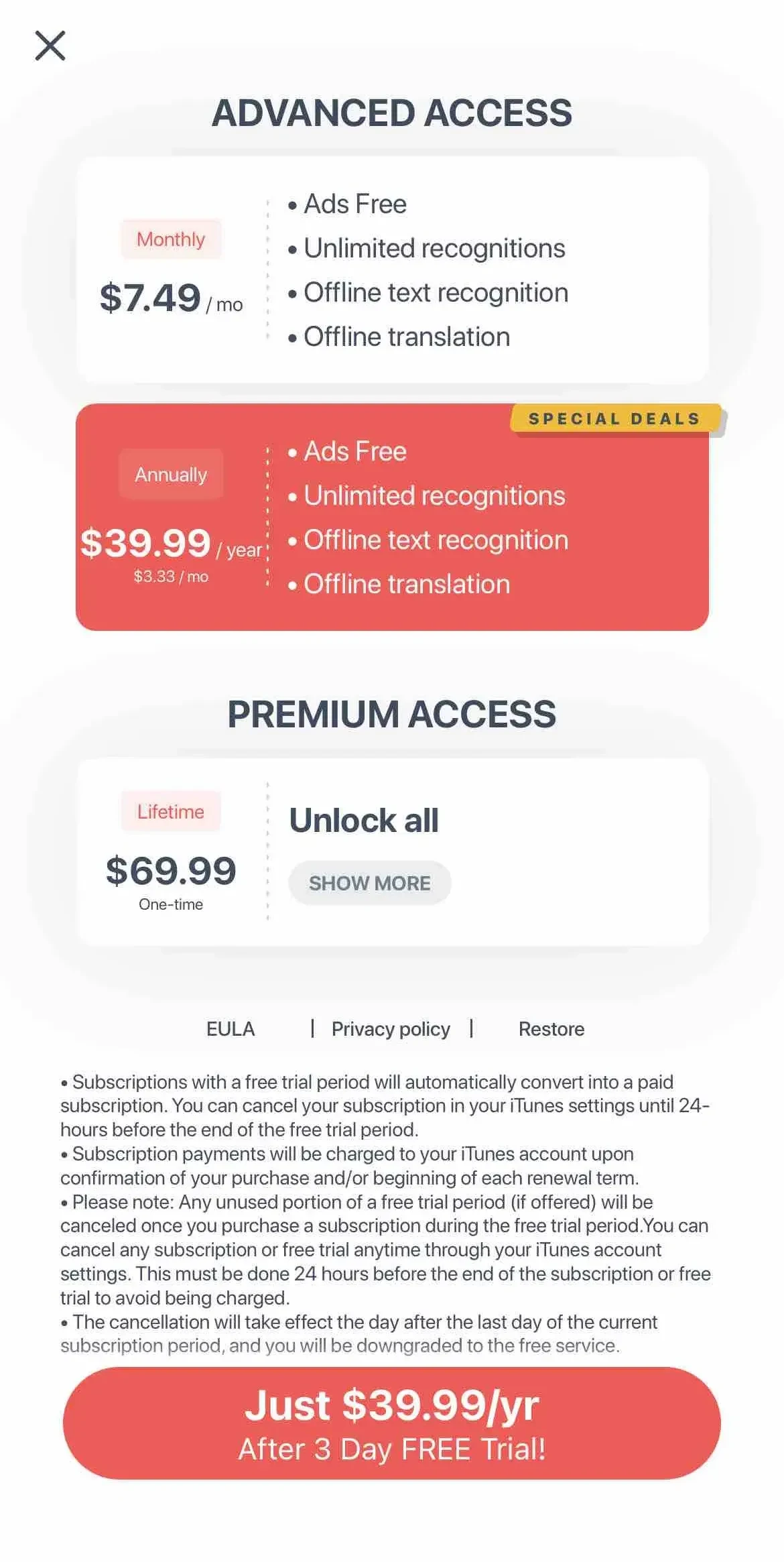 Scan paywall screen