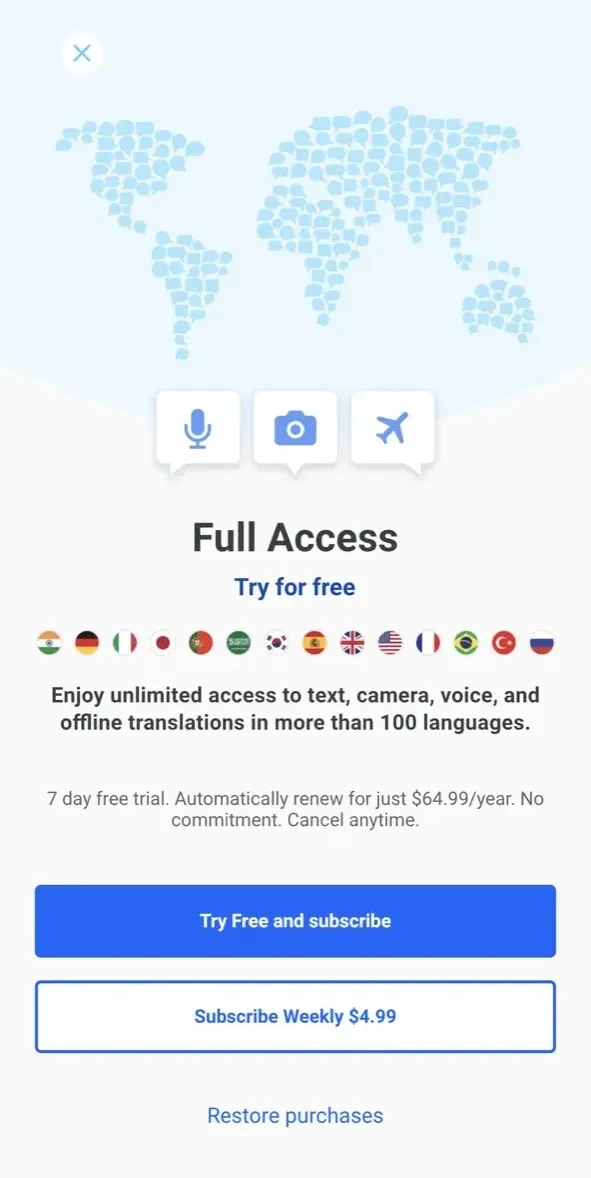 Translator GO paywall screen
