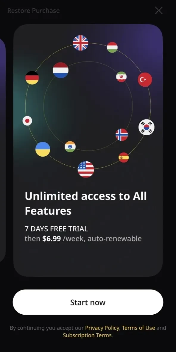 Translator Guru paywall screen