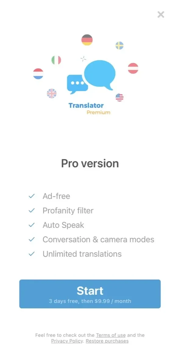 Translator paywall screen