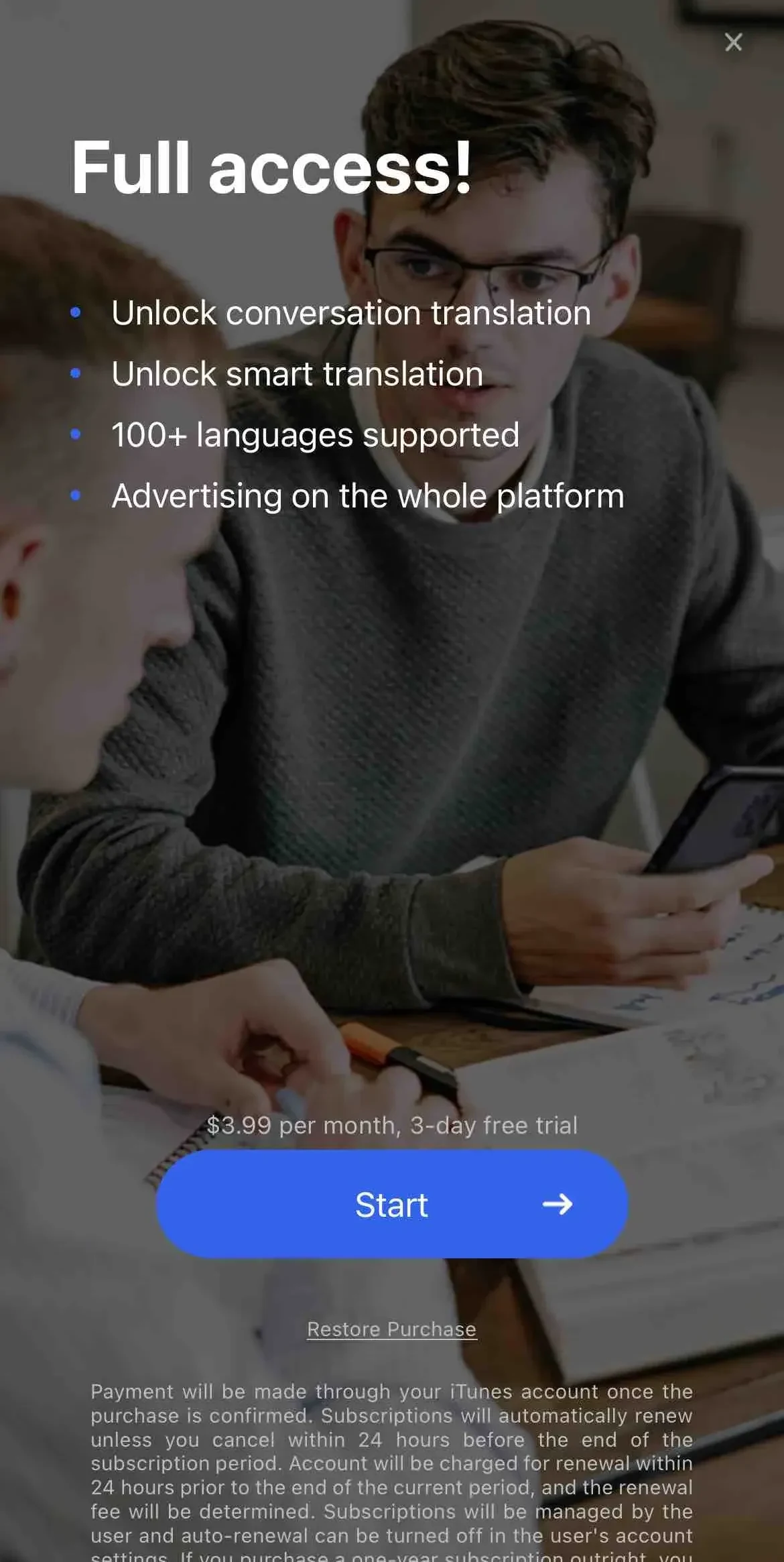 Translator paywall screen