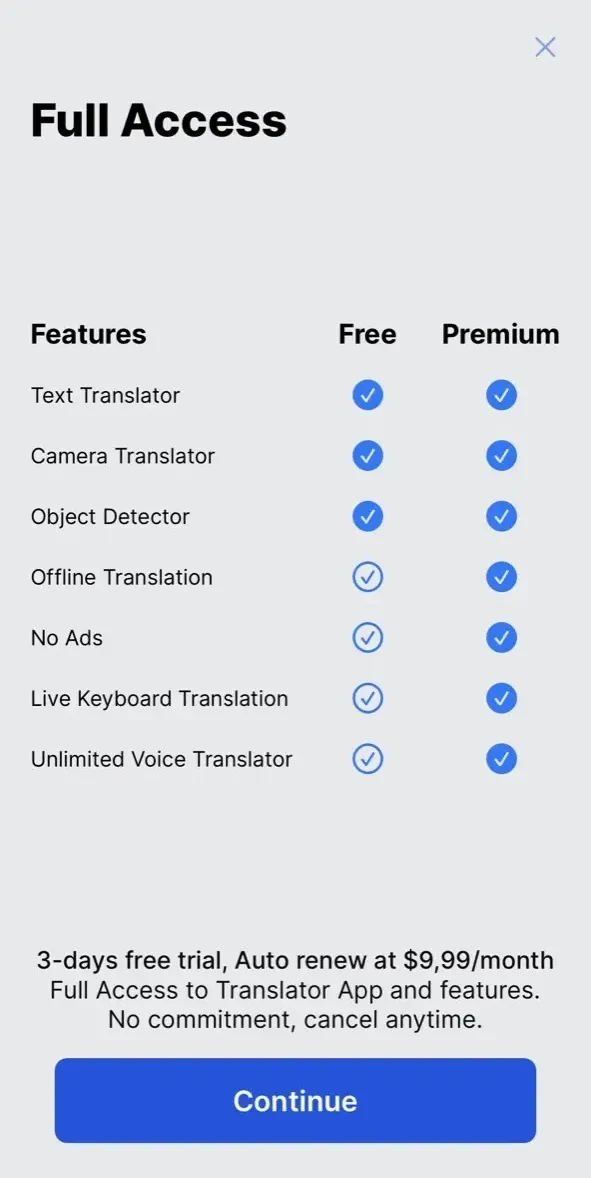 Translator paywall screen