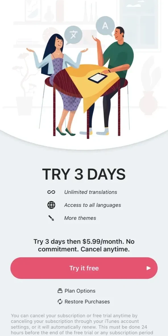 Translator X paywall screen