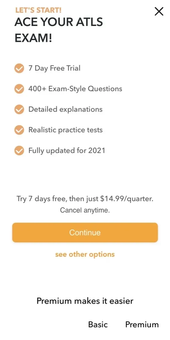Trauma Life Support paywall screen