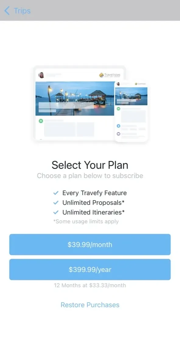 Travefy Pro paywall screen