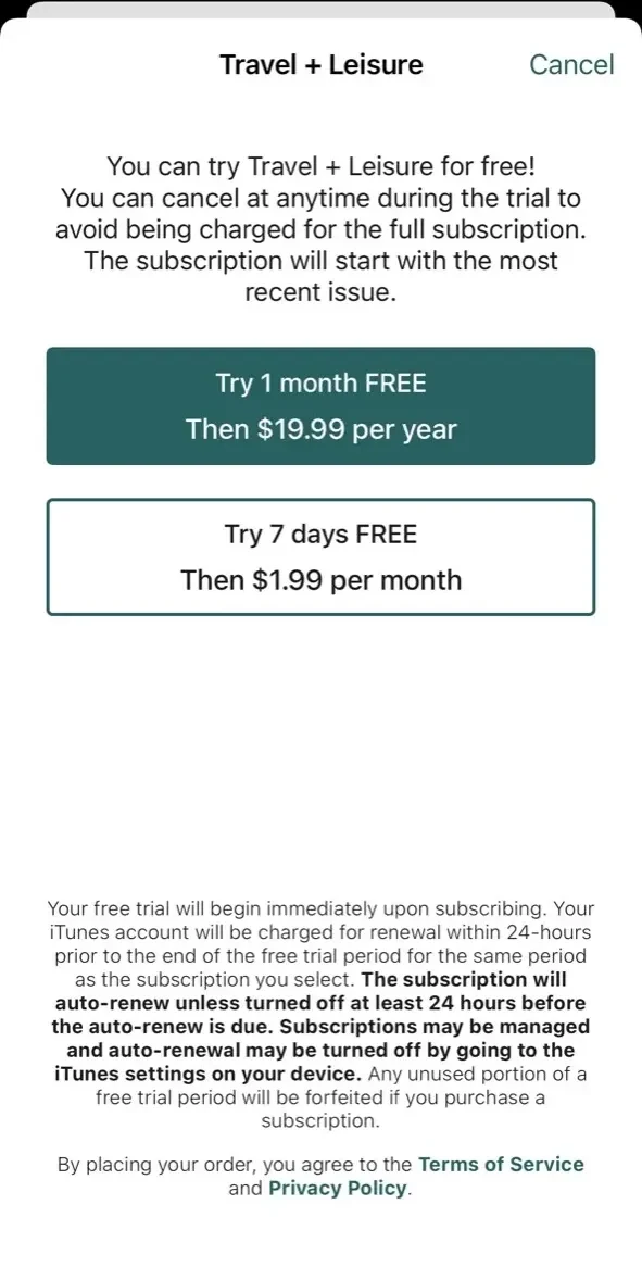 Travel paywall screen