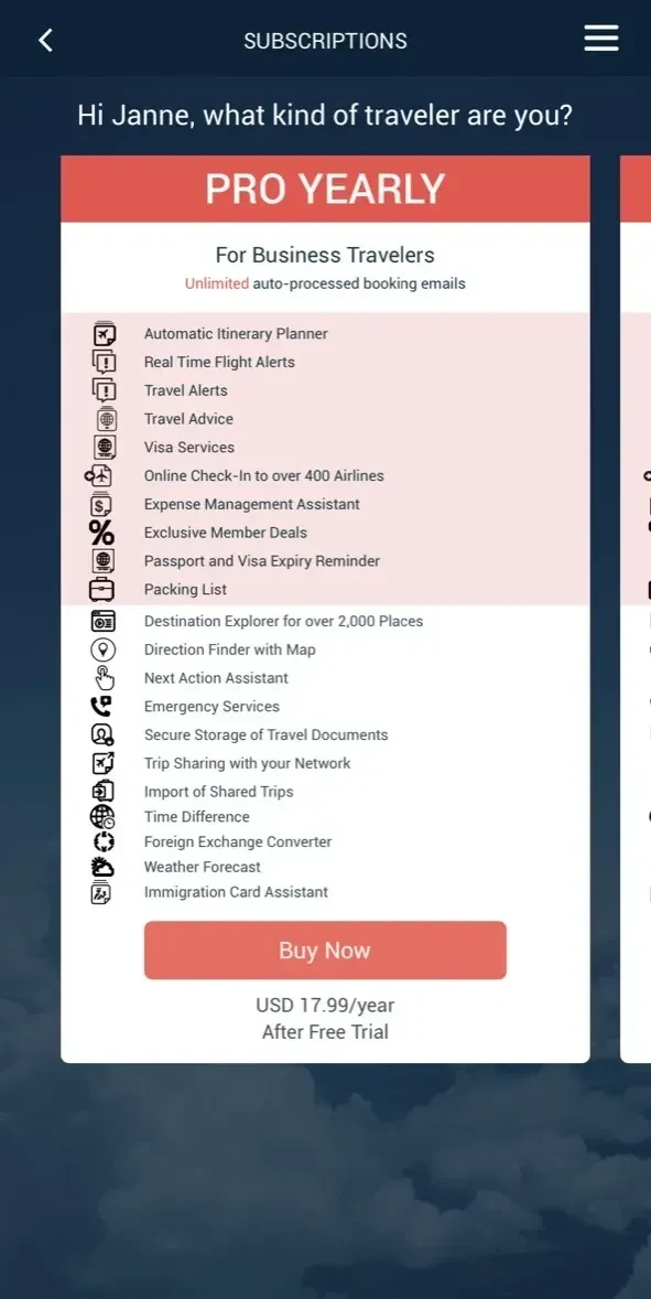 Traveler Buddy paywall screen