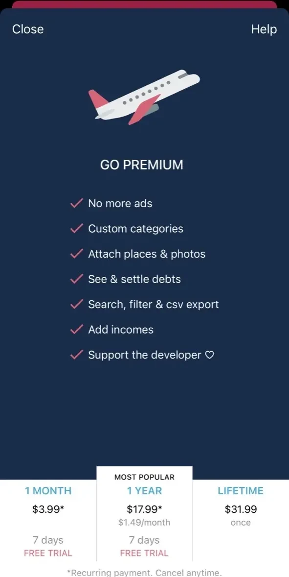 TravelSpend paywall screen