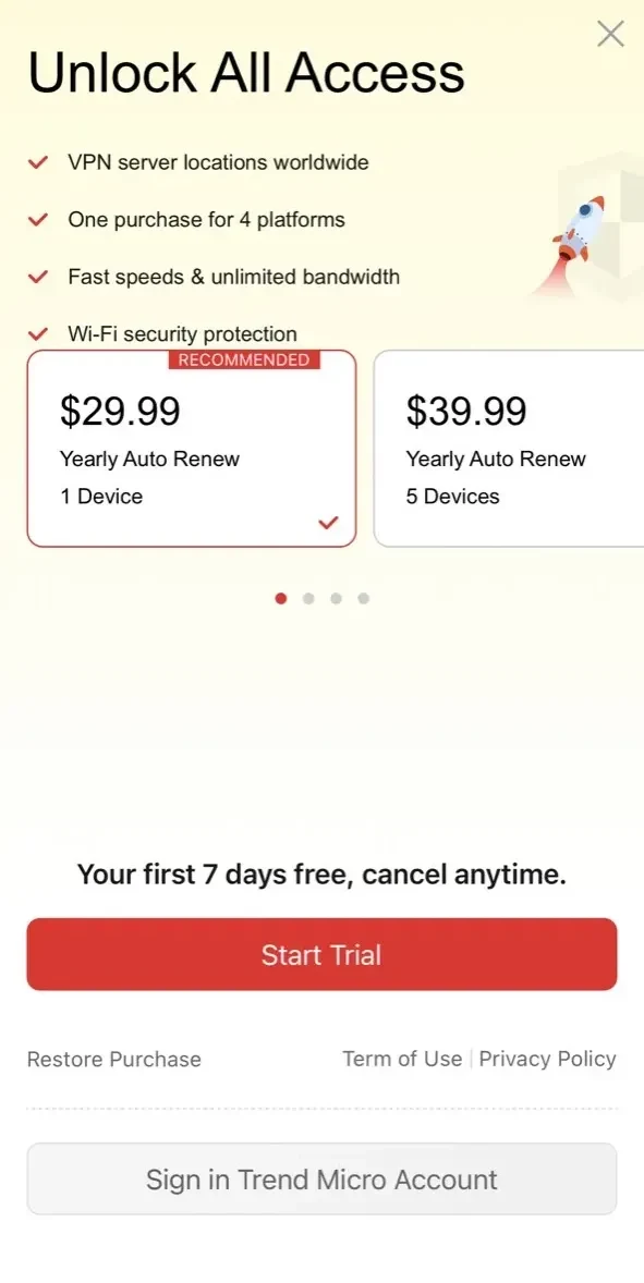 Trend Micro VPN paywall screen