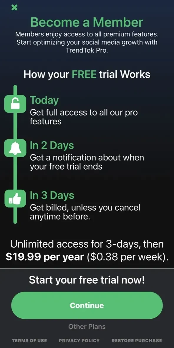 TrendTok Analytics paywall screen