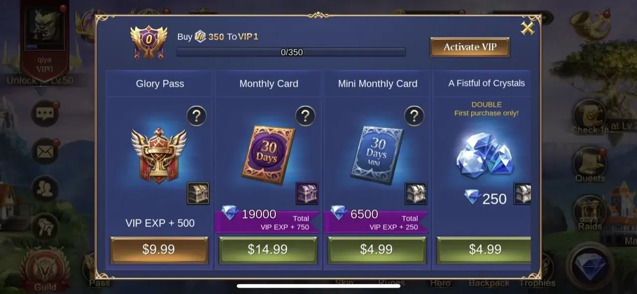 Trials of Heroes paywall screen