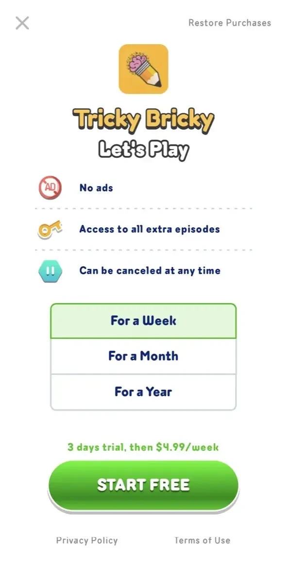 Tricky Bricky paywall screen