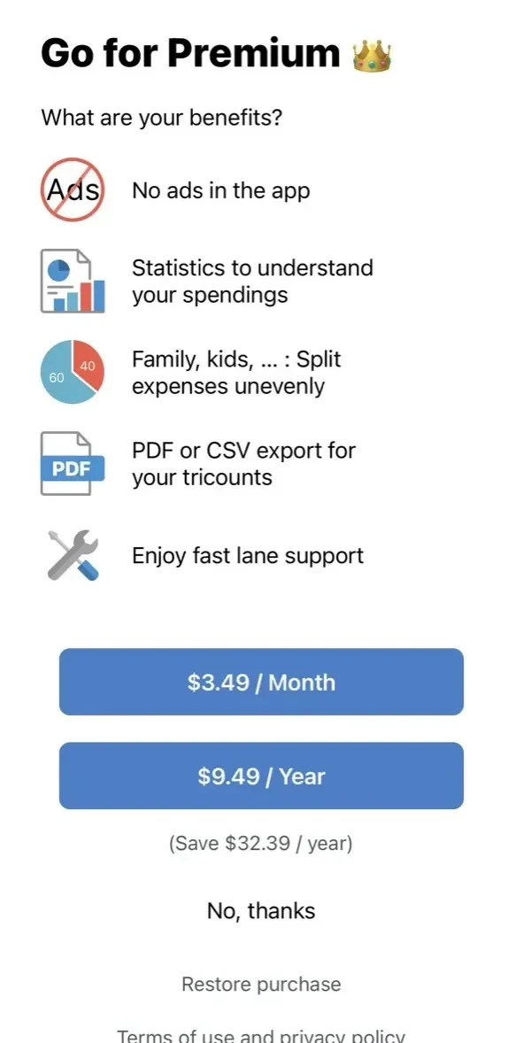 Tricount paywall screen