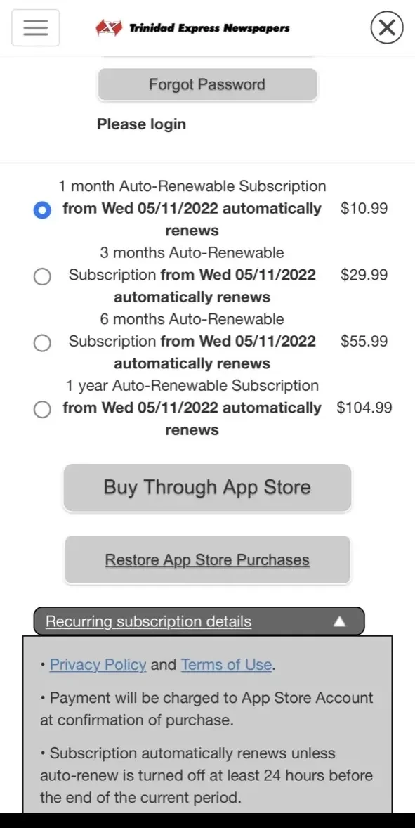 Trinidad Express Newspapers paywall screen
