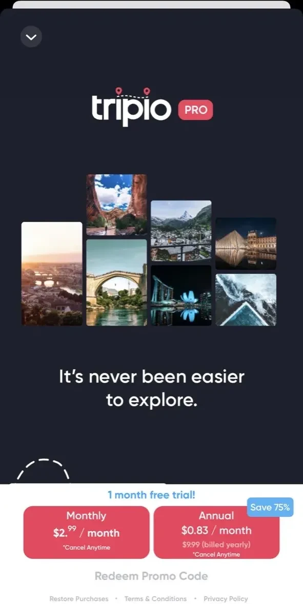 Tripio Travel App paywall screen