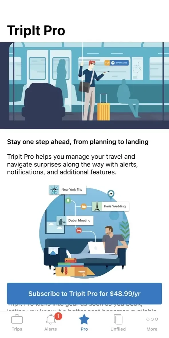 TripIt paywall screen