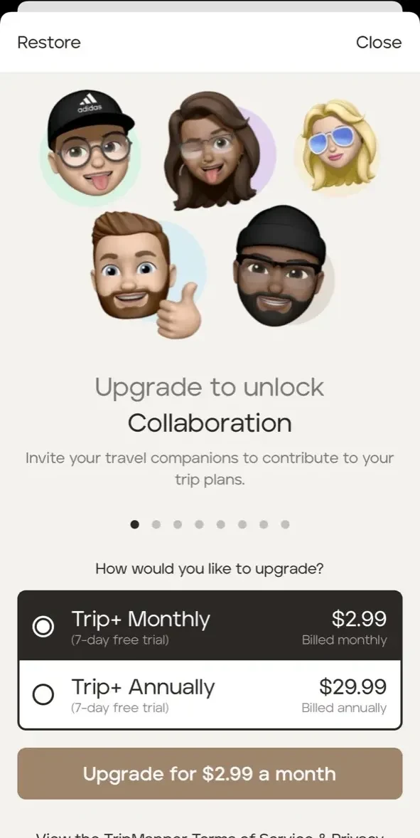 TripMapper paywall screen
