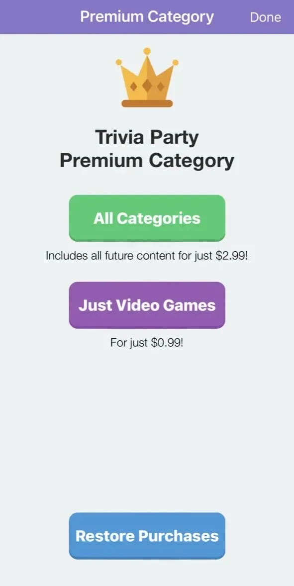 Trivia Party paywall screen