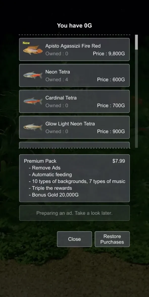 Tropical Fish Tank paywall screen