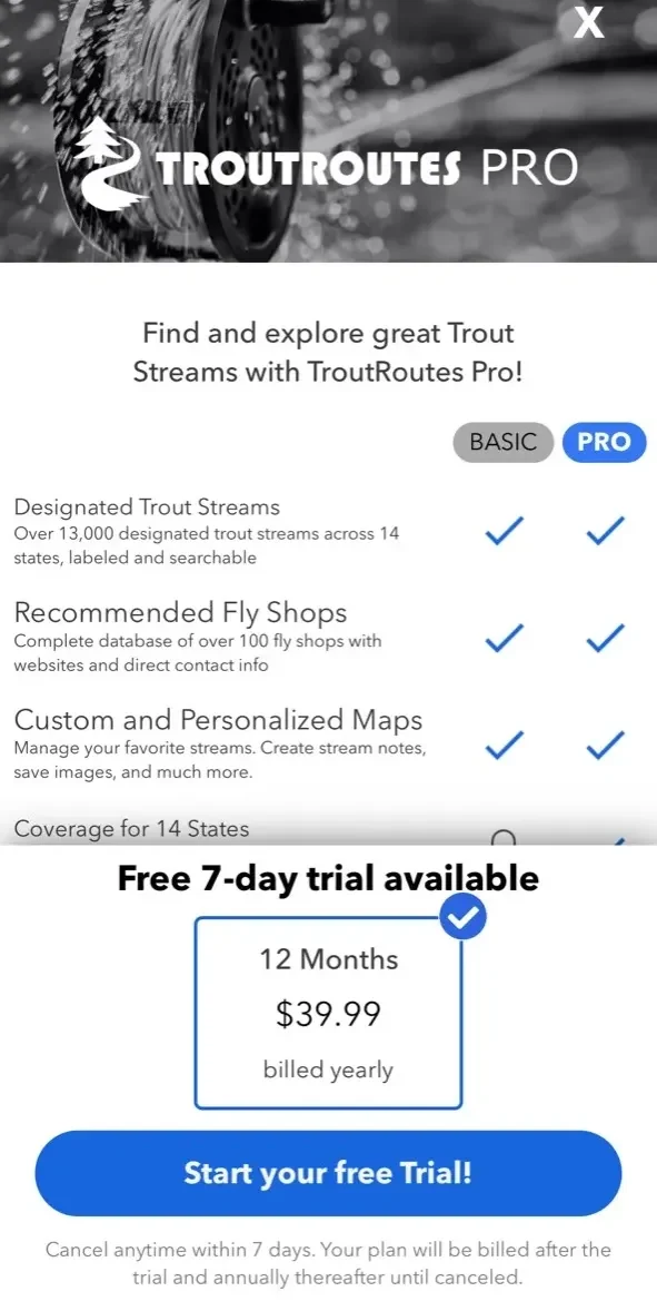 TroutRoutes paywall screen