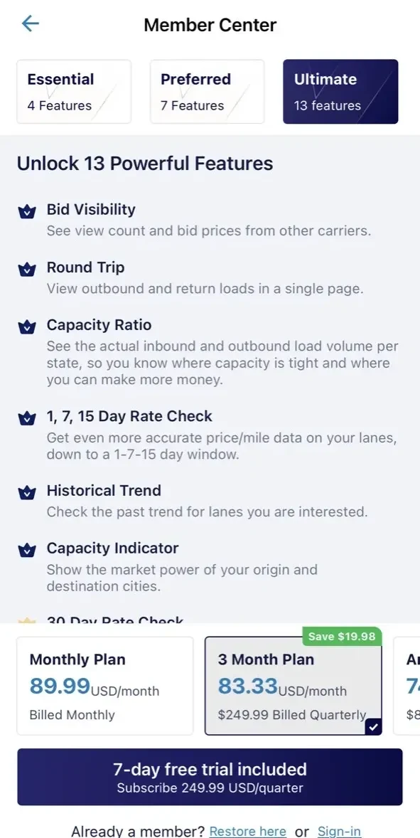 Trucker Path Load Board paywall screen