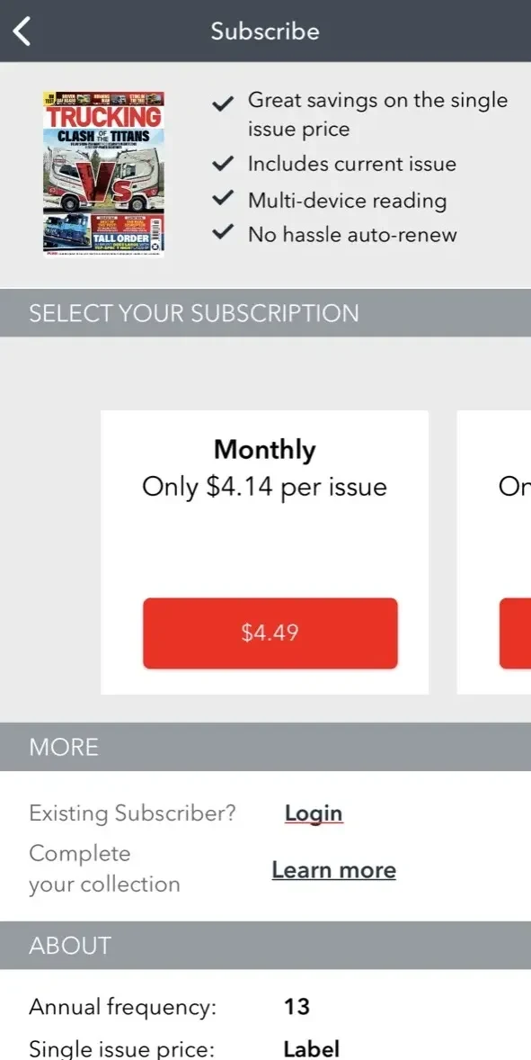 Trucking Magazine paywall screen