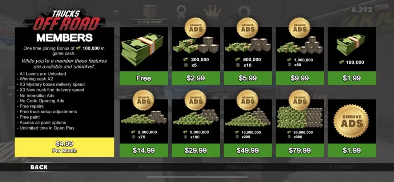 Trucks Off Road paywall screen