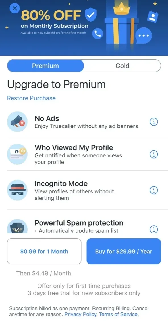 Truecaller paywall screen